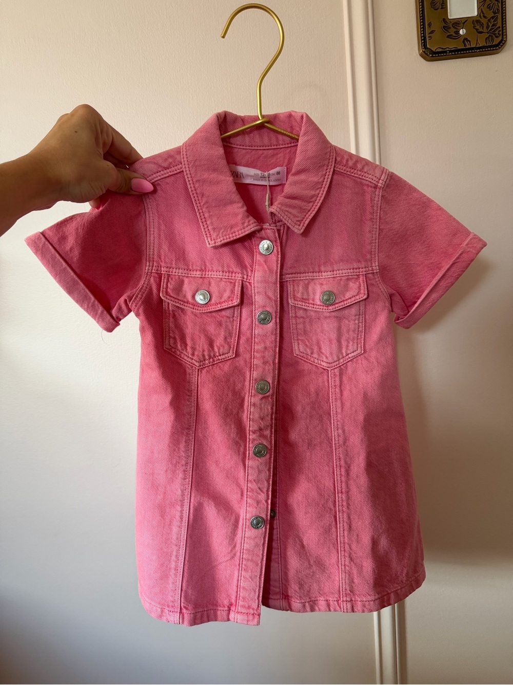NWT zara toddler pink denim button shirt dress size 12-18 months